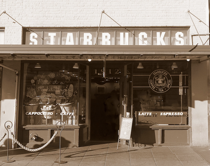 first starbucks sign pike place market 1912 Pike Place, Seattle, USA